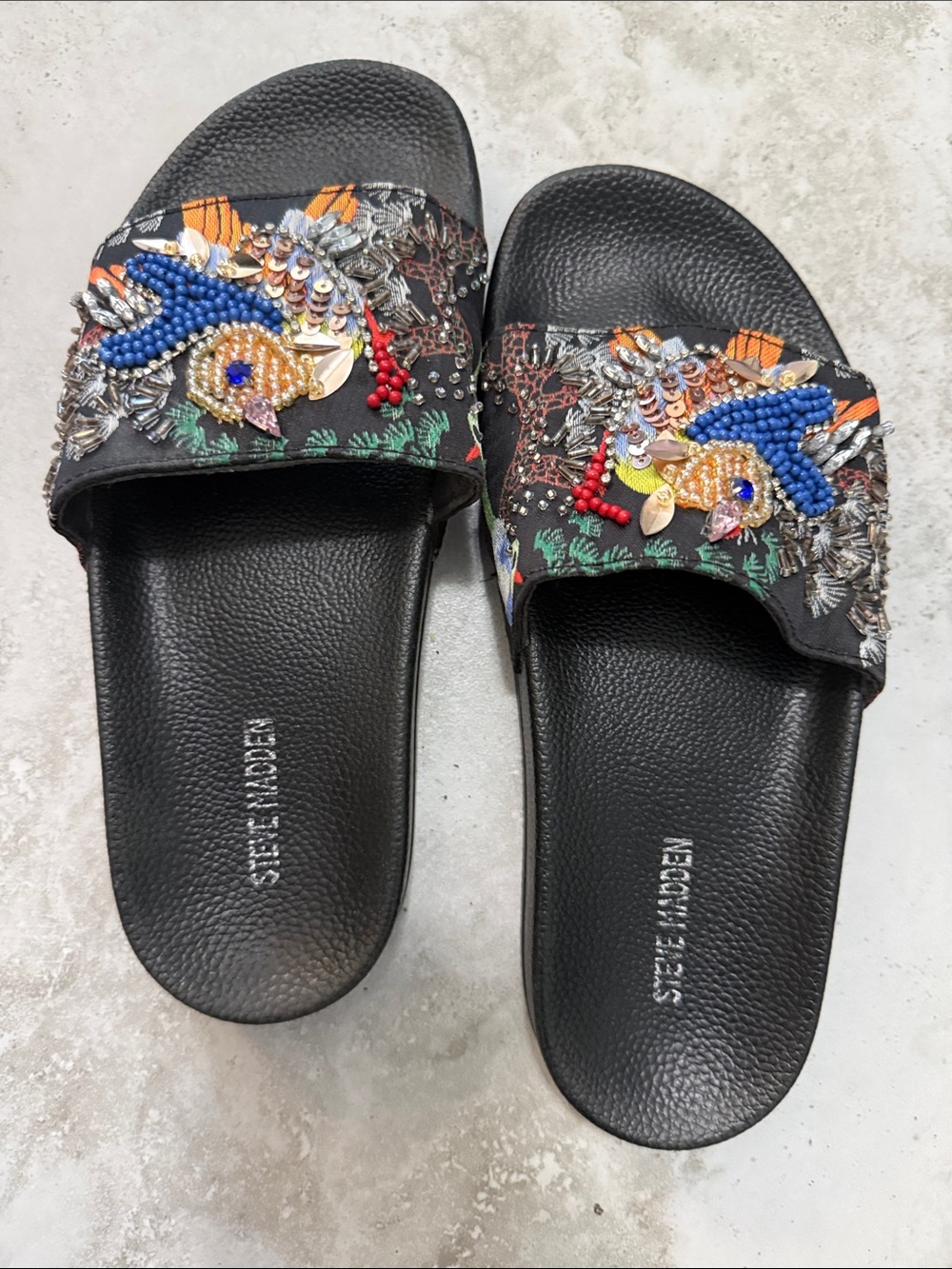 Steve Madden Black Slide Sandals with Multicolor Bead Embellishment